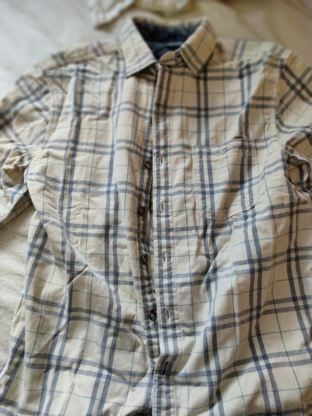 Tommy Bahama Cream and Blue Plaid Corduroy Button-Down Shirt Size S